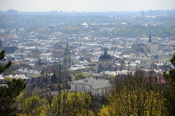 LVIV, UKRAINE - APRIL 17, 2019: People tourists at the top of High Castle Hill, Ukrainian city old...