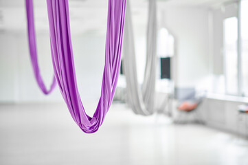 Aerial yoga, hammock, studio interior, nobody