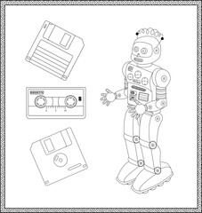 Set of 4 retro technology elements. Robot, cassette, floppy disk (both sides). Coloring book page. Clipart. Isolated vector elements.
