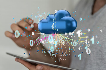 Augmented Analytics Data cloud storage network from lines, triangles and particle style design....