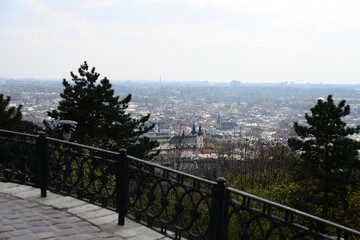 LVIV, UKRAINE - APRIL 17, 2019: People tourists at the top of High Castle Hill, Ukrainian city old...