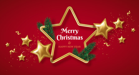 Greeting Card with Shining Gold Star Frame, Pine Tree Branch and Confetti on Red Background. Vector illustration. Happy New Year 2022, Merry Christmas, Seasons Greetings. Glowing Invitation Template
