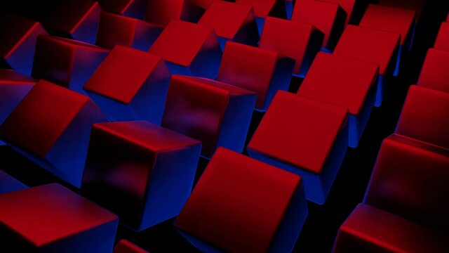 rotating three-dimensional cubes with red-blue color. animated looped dark background. 3d render