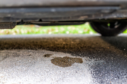 Parked Car In Driveway With Macro Closeup Of Vehicle Leaking Fuel On Cat Litter To Prevent Damaging Pavement And To Absorb The Gas