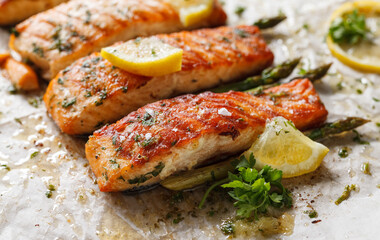 Baked salmon with aromatic herbs and lemon on baking paper close up view