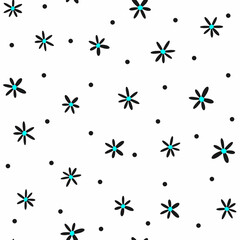 Simple seamless pattern with scattered small flowers and dots. Vector illustration.