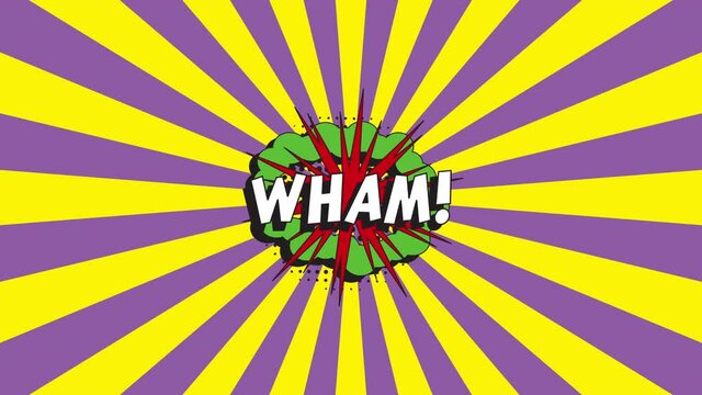 'WHAM!' in retro comics speech bubble with halftone dotted shadow on an animated violet and yellow background