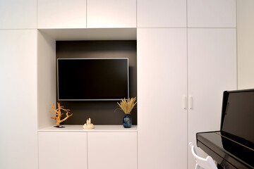 TV set in the cabinet furniture niche. Living room - obrazy, fototapety, plakaty