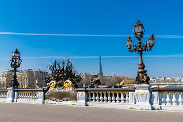 Fototapeta na wymiar Paris, the Alexandre III bridge on the Seine, with the Eiffel Tower in background 