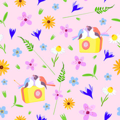 Cute seamless vector pattern for kids. Lovely children background with flowers and birds. Ideas for pattern phone cases, wallpaper and wrapping paper.