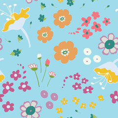 Seamless pastel pattern with spring flowers on the blue background. 