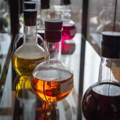 Lobarator flasks and test tubes with liquid.