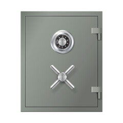 Realistic metal safe door for bank or home storage. Steel strongbox with combination locker isolated