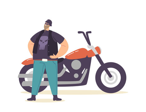 Young Brutal Biker Character in Leather Clothes with Skull Print Wearing Helmet and Goggles Stand at Custom Motorcycle