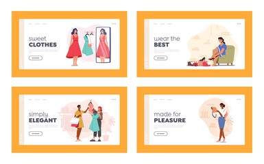 Girls in Apparel Mall Landing Page Template Set. Young Stylish Women Choose New Fashioned Dress, Bag and Shoes in Store