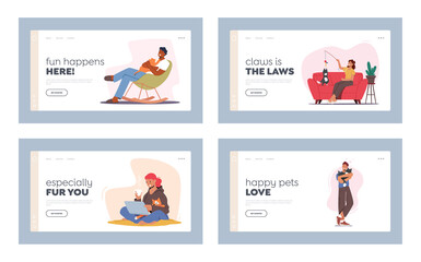 Leisure, Communication, Care of Animals, Carefree Landing Page Template Set. People Caress of Pets. Characters with Cats