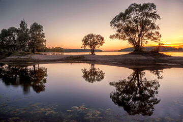 beautiful summer landscape of sunset on the forest lake blue hour