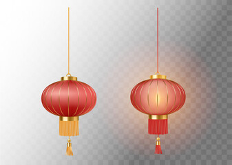 Festive Chinese red lanterns set template. 3d symbol of China culture. Holiday paper lamps