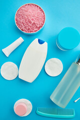 Oral and skin care products, blue background