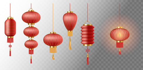 Fototapeta na wymiar Set of Chinese paper lanterns, symbol of eastern new year celebration. Traditional china decor