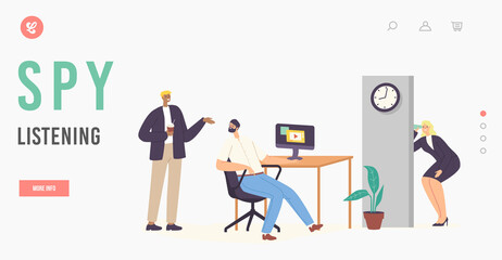 Spy Female Character Listening through Wall Landing Page Template. Eavesdropper Woman with Mug Spying to Colleagues