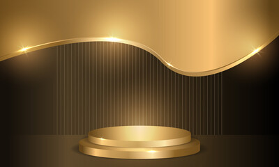 Golden circle podium on dark luxury background. Three-dimensional pedestal, round scene, display for product. Luxury abstract stage or scene platform. Vector illustration.