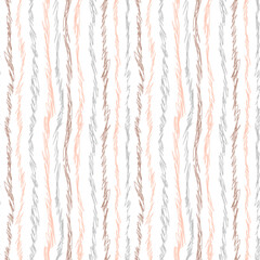 Abstract freehand doodle striped seamless pattern. Pale pastel brown, gray, beige fluffy scribble wavy vertical lines on white background. Simple graphic, surface, fabric, textile, paper design print.