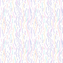 Seamless pattern with pink, purple, violet, red, blue abstract random wavy lines on white background. Simple graphic, surface, fabric, textile, paper design print. Colorful threads of various length.