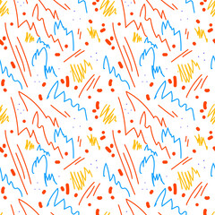 Fototapeta na wymiar Bright dynamic freehand doodle seamless pattern. Abstract yellow, blue, red scribbles, straight and zigzag lines, dots on white background. Simple graphic, surface, fabric, textile, paper design print