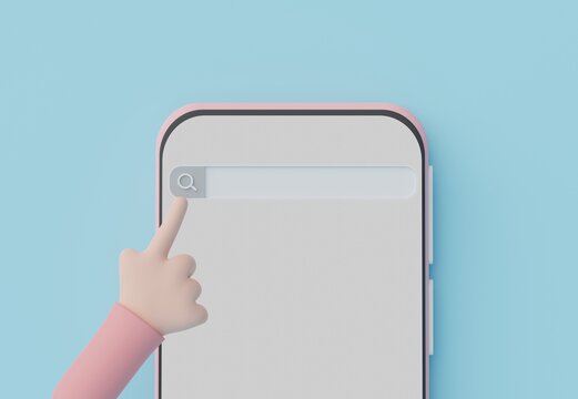 3d render of hand touching on minimal searching menu bar or blank banner magnifying on mobile phone with copy space on pastel earth tone background. Scene for mock up and presentation.