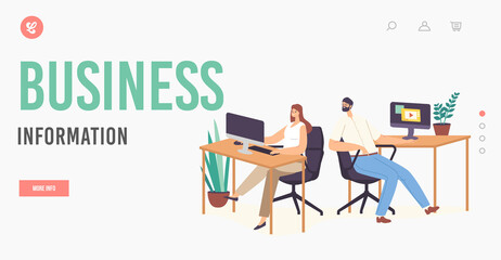 Business Information Landing Page Template. Male Character Sit at Workplace Pry to Colleague Looking on Computer Monitor