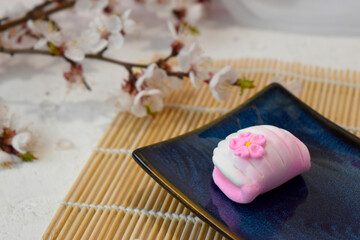 Japanese traditional confectionery mochi with blossom on bamboo mat. Healthy vegan rice sweets. Beautiful wagashi.  Close up spring concept for restaurant menu, receipt instruction.