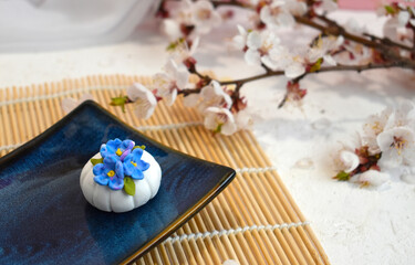 Japanese traditional confectionery mochi with blossom on bamboo mat. Healthy vegan rice sweets. Beautiful wagashi.  Spring concept for restaurant menu, receipt instruction. Copyspace.