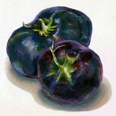 Two thick eggplants. Still life with markers. Handmade.