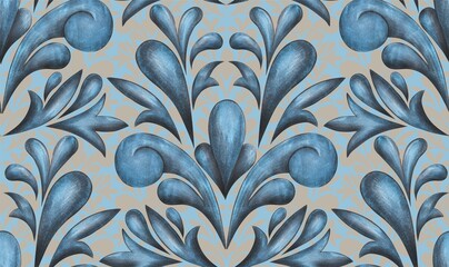 Classic pattern for luxury interior decoration and trendy print for fabrics. Texture processing of elements of the Baroque style. Symmetrical arabesques in a seamless background