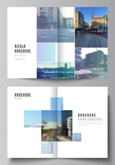 Fototapeta na wymiar Vector layout of two A4 format cover mockups templates for bifold brochure, flyer, magazine, cover design, book design, brochure cover. Abstract design project in geometric style with blue squares