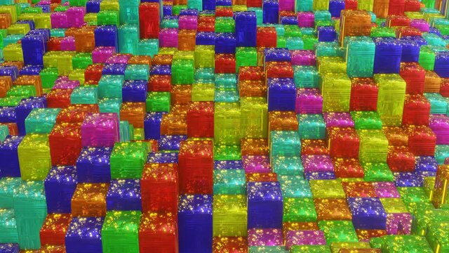 a plane of rising and falling multi-colored cubes. looped animated background. abstract animation. 3d render