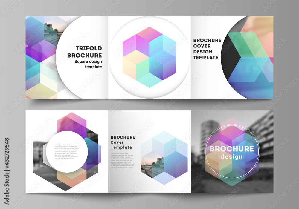 Wall mural vector layout of square format covers design templates with colorful hexagons, geometric shapes, tec