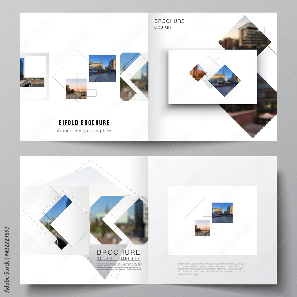 Poster vector layout of two covers templates with geometric simple shapes, lines and photo place for square