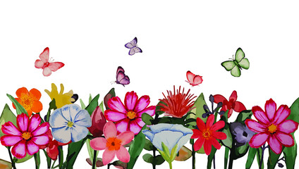 Floral background decorated with handicrafts, watercolors, colorful flowers and leaves, butterflies. Spring botanical straight vector