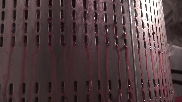 Close up of pool of pressed wine and juices pouring. Wine making of crushed grapes pomace and must. Wine production concept. Winemaking factory. Wine press expel pressed fermented grapes