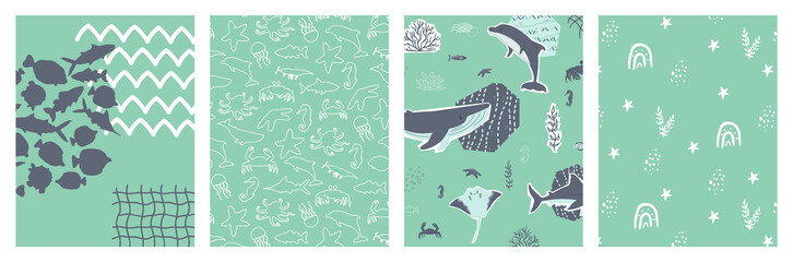 Vector poster ocean sea set with cartoon silhouette whale, stingray, fish, octopus, crab and other underwater animals for banner, card, postcard, book notebook cover. Collage, cut paper effect