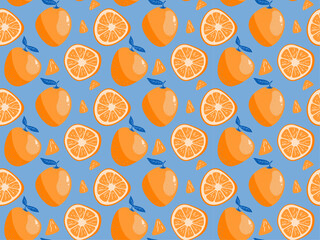Orange fruit whole and half sliced seamless pattern. Tropical ruit with leaves orange and blue repeated background. Illustration for fabric or wallpaper print.