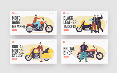 Moto Gang Members Landing Page Template Set. Brutal Biker Characters in Leather Clothes and Helmets with Goggles