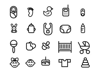 Set of outline icons for baby nursery. Vector stock illustration for card and poster