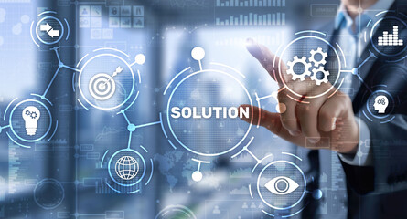 Solution. Businessman pressing on touch screen interface inscription Solutions. Business concept....