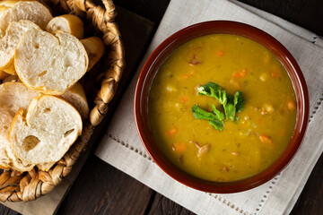 Pea soup. Bowl with pea soup on the table