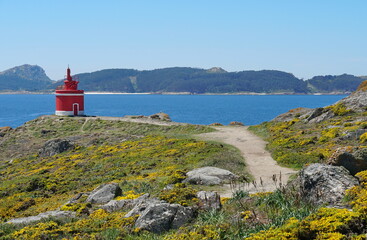 Path to the Lighthouse with the Cies islands in background, Galicia, Spain, Faro de Punta...