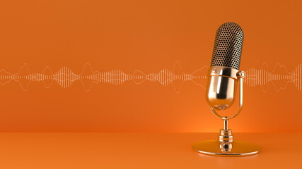 Creator content. Microphone and sound waveform on orange background. - obrazy, fototapety, plakaty