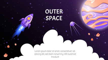Startup idea Landing page template background, rocket banner with cloud, planet, satellite and space for text. Vector cartoon illustration in game style
